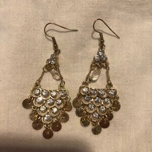 Gold Chandelier Earrings Diamante Rhinestone Glamorous Evening Dangly Costume